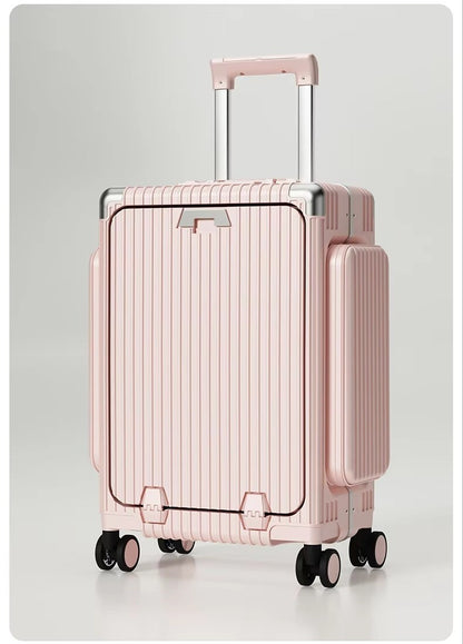 Tri-Zone Access Opening Suitcase Aluminum Frame PC Material Travel Case with Spinner Wheels Cup Holder TSA Lock Rolling Luggage