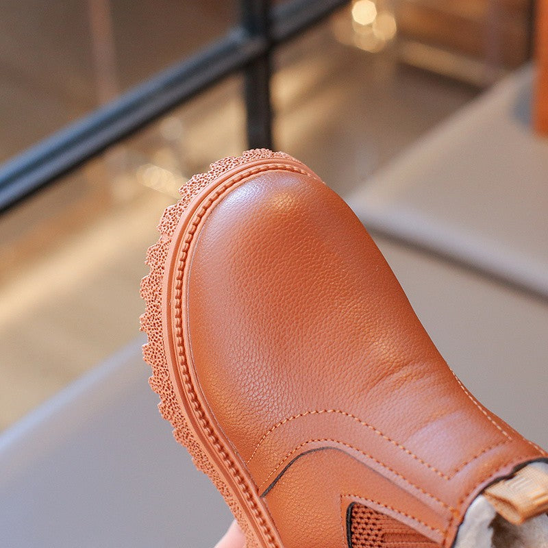 21-30 Kids Ankle Boots for Little Boys Girls Thermal Snow Boots Fashion PU Leather Children Short Rubber Boots with Thick Plush