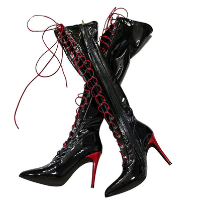 13CM Thin Heel Black Lace-up Over the knee Boots Woman Fetish Pointy Toe Boots Elastic Leather Thigh High Sexy Women Party Shoes