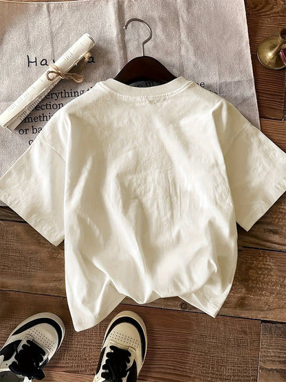 Short-sleeved T-shirt with waves and letters print Casual beach style Suitable for women's daily and outing wear in all season