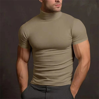Cross-border Amazon 2024 summer solid color short-sleeved fashion bottoming shirt men's tight turtleneck T-shirt