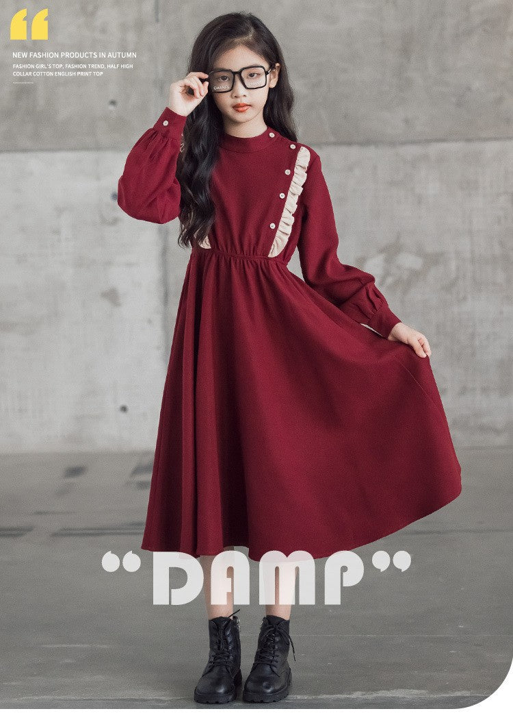 Girls' Dress New Style For  Children Stand Collar Waist-Cinching Slimming Mid-Length Dress Long Sleeve For Kids 5-12Y