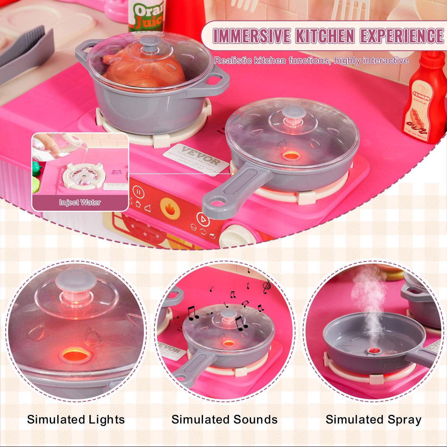 Brinquedos de Cozinha VEVOR para Crianças 74 Peças Conjunto de Chef com Sons e Luzes Idade 3+ Casa de Brincar Infantil Utensílios de Cozinha para Crianças Pequenas
