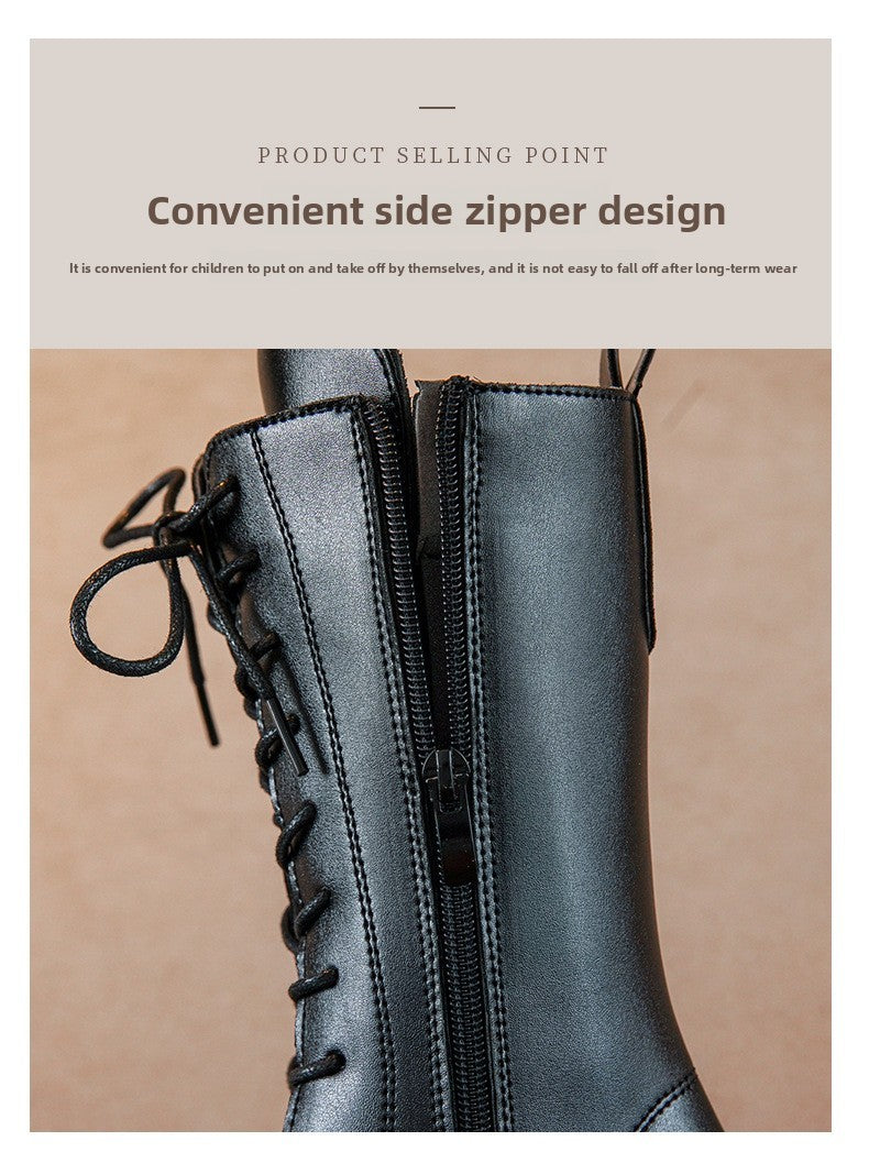 2025 Autumn/Winter  Fashion Cool Baby Girls Warm Square Heel Round Toe Casual Lace-Up Comfortable Kids Black Mid Boots