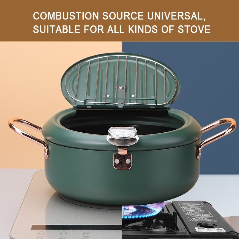 304 Stainless Steel Oil Pan Japanese Deep Frying Pot with a Thermometer and a Lid Kitchen Tempura French Fries Oil Fried Pan