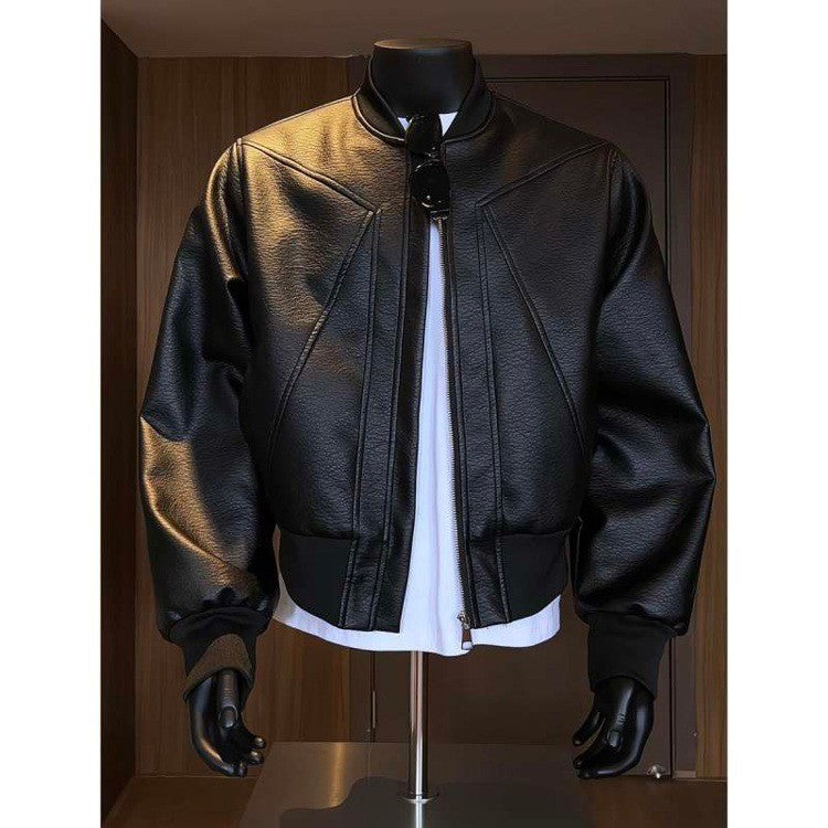 American Trend Retro Crack Leather Versatile Casual Jackets Stand Collar Leather Bomber 2025 Men's Fashion Commuter Leather Coat