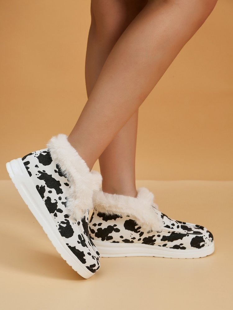 2025 Autumn Winter Women Fluffy Fur Snow Boots Women Leopard Print Flat Flat Heels Thicken Plush Cotton Padded Shoes Woman Warm