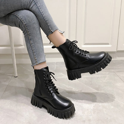 2024 New Autumn and Winter Comfortable Mid-calf Women's Shoes Thick-soled Lace-up Side Zipper Women's Boots Large Size
