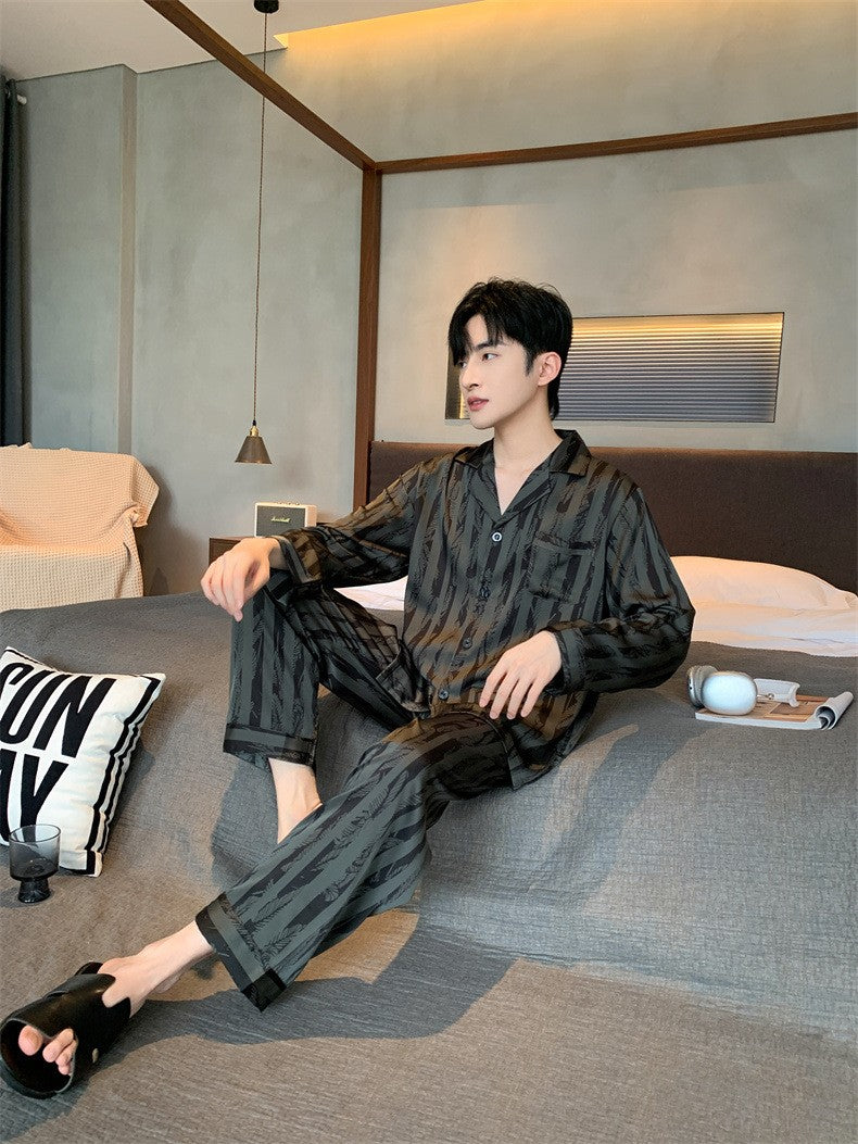 Large Size Ice Silk Men's Sleepwear 2025 New High-End V-Neck Thin Long Sleeved Two-Piece Set for Home Wear Youth Nightwear