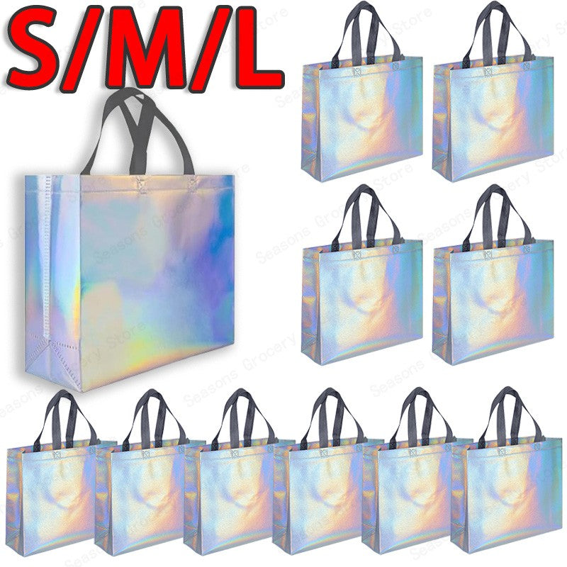 10Pcs Reusable Silver Laser Tote Bag Durable Non Woven Gift Shopping Bag for Wedding Bridesmaid Party Birthday Eco Friendly