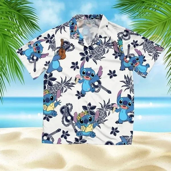Miniso Stitch Hawaiian Shirts Vacation Shirts Men's Disney Hawaiian Shirts Casual Button Down Short Sleeve Shirt Vintage T-Shirt