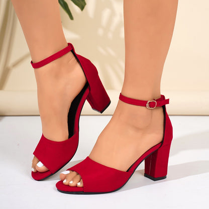 Summer Women Sandals Fish Mouth Chunky High Heels Shoes Suede Black Red Fashion Roman Cover Heel Sandals Sandalias De Mujer