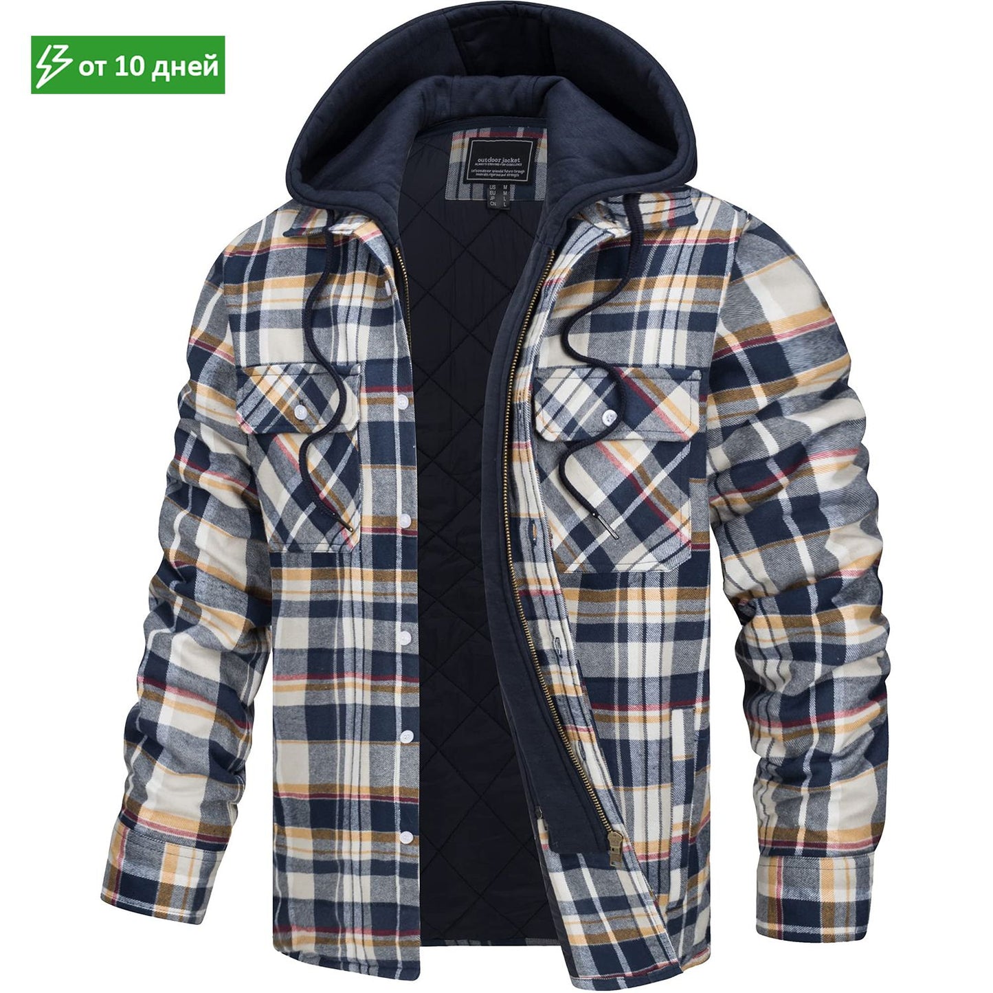 MAGCOMSEN Men's Flannel Jacket with Removable Hood 5 Pockets Plaid Quilted Lined Winter Coats Thick Hoodie Outwear Fleece Jacket