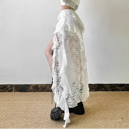 Sexy High Waist Lace Ruffles Skirts Women 2025 Spring Irregular Y2k Skirts Women Fashion Black Patchwork Party Clubwear Gothic