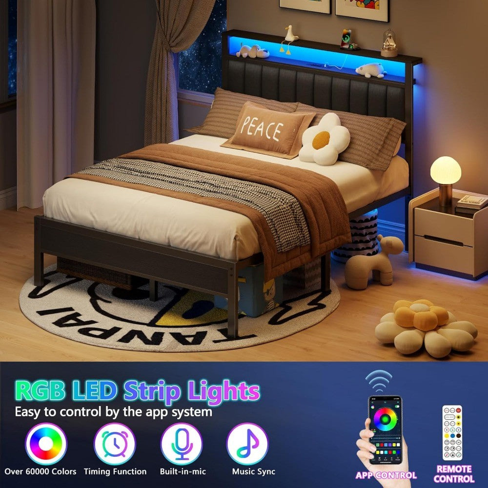 Queen Size Bed Frame with Charging Station and LED Lights, Platform Bed with Metal Slats, Grey Upholstered Headboard wi