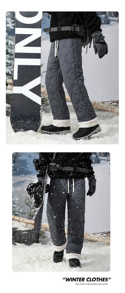 Calça de Neve Masculina, Marca de Moda, Grossa, À Prova de Vento, Quente, Veludo de Cordeiro, Calça Feminina Casual, À Prova de Frio, Acolchoada com Algodão e Penugem