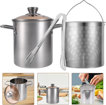 LMETJMA 3L Deep Fryer Pot Stainless Steel Frying Pot With Mesh Steamer Basket Japanese Tempura Fryer Pot with Lid and Tong JT230