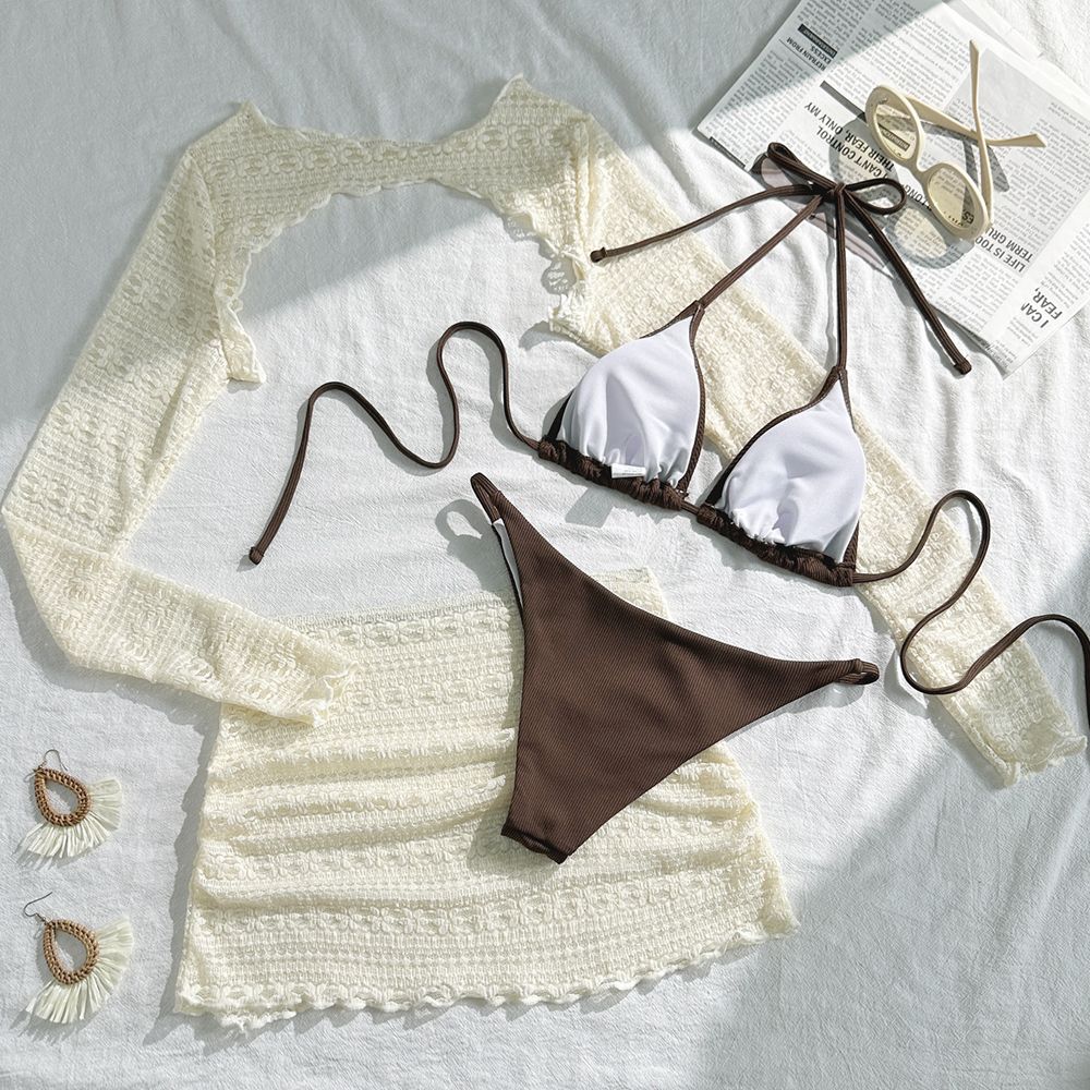 Women Bikini 4 Piece Set Tie Dye/Mesh Lace Long Sleeved Top Skirt Bottom Halter Bikini 2025 New Sexy Slim Beachwear Size S-XL