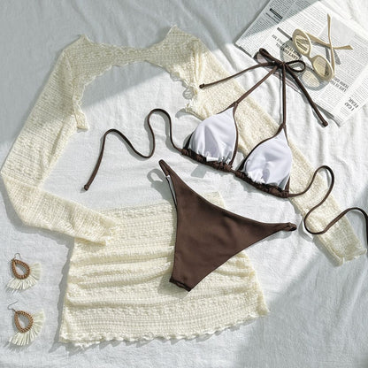 Women Bikini 4 Piece Set Tie Dye/Mesh Lace Long Sleeved Top Skirt Bottom Halter Bikini 2025 New Sexy Slim Beachwear Size S-XL