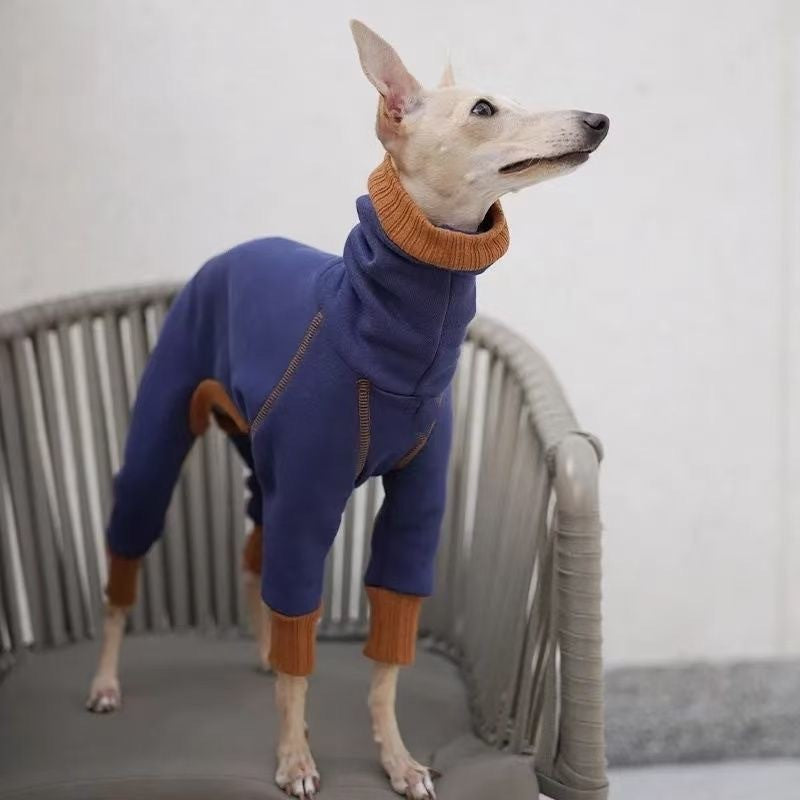 Roupas de cachorro, pelúcia, quente, gola alta, quatro patas, ligeiramente elásticas, estilo "Little Lingti", roupinhas "Huibit", base quente de quatro patas.