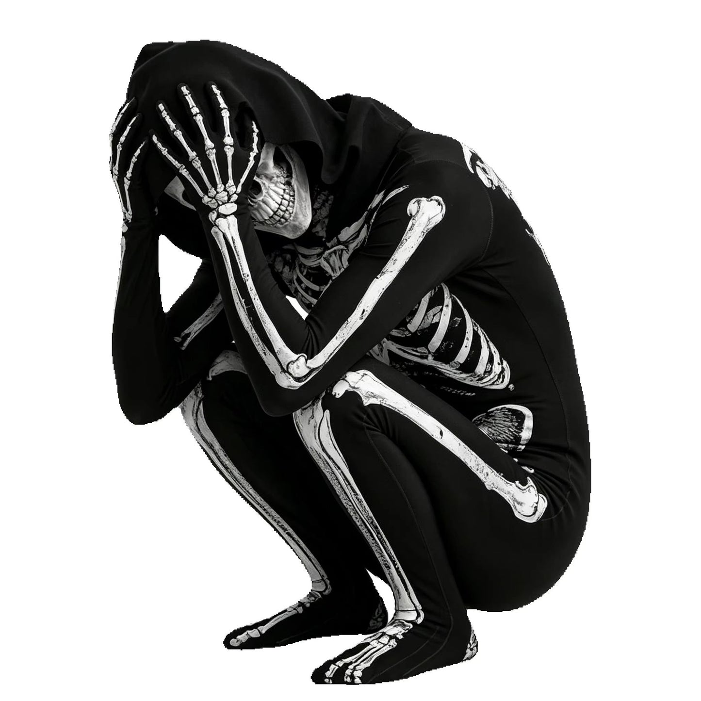 Child Skeleton Horror Hooded Costume Kids Grim Reaper Spooky Skeleton Bodysuit Jumpsuit Scary Halloween Party Role Play Costume