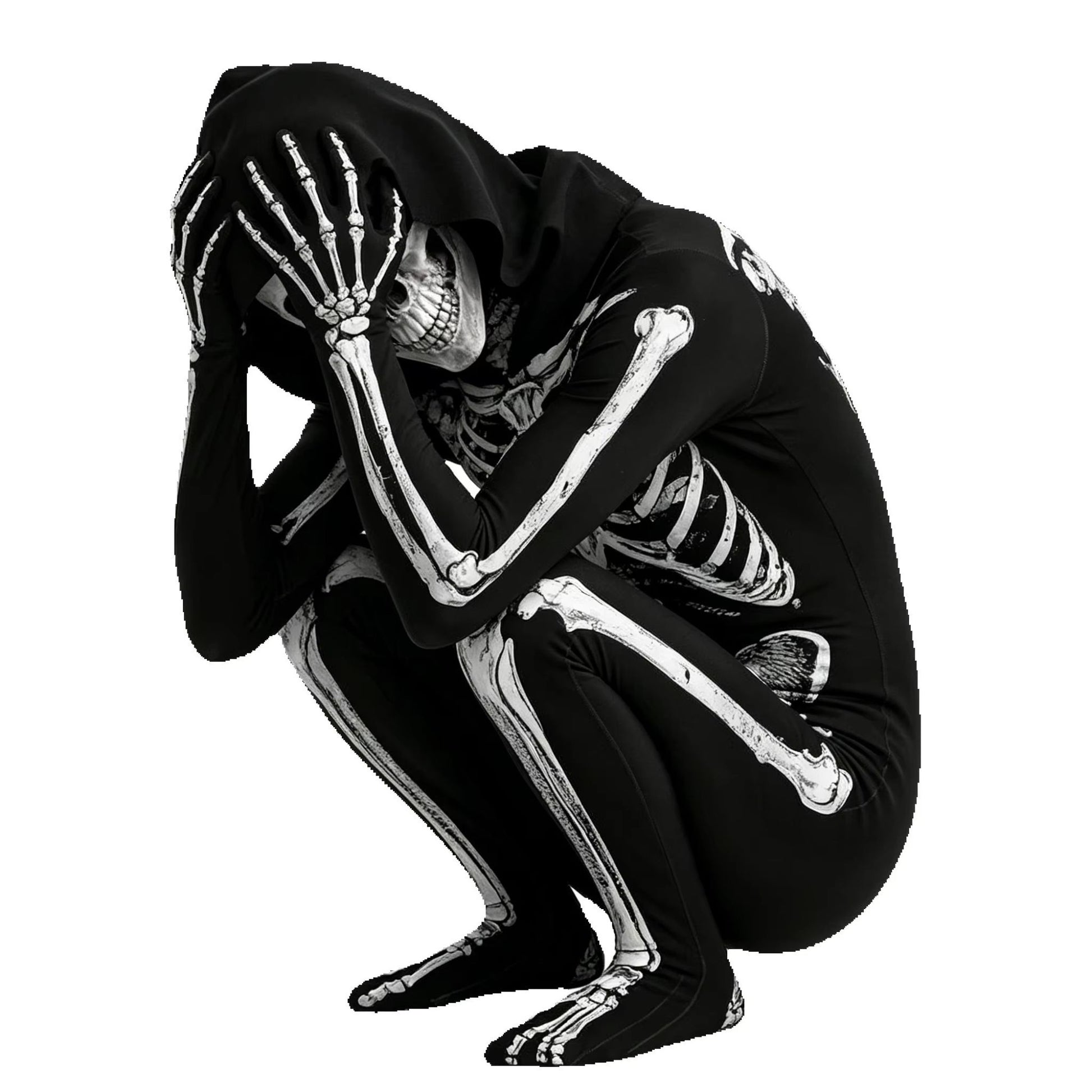 Child Skeleton Horror Hooded Costume Kids Grim Reaper Spooky Skeleton Bodysuit Jumpsuit Scary Halloween Party Role Play Costume