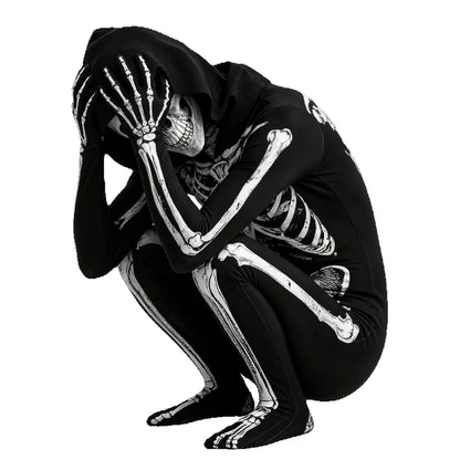 Child Skeleton Horror Hooded Costume Kids Grim Reaper Spooky Skeleton Bodysuit Jumpsuit Scary Halloween Party Role Play Costume