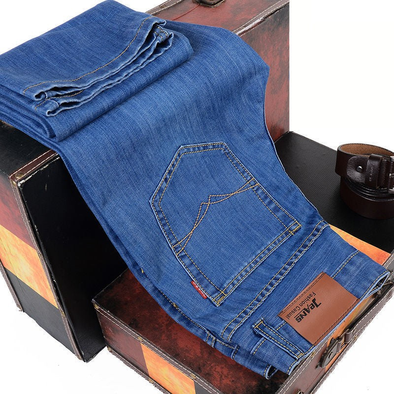 Novos jeans masculinos de perna reta, clássico preto azul micro elástico, casual, negócios, casual, calças jeans masculinas de marca