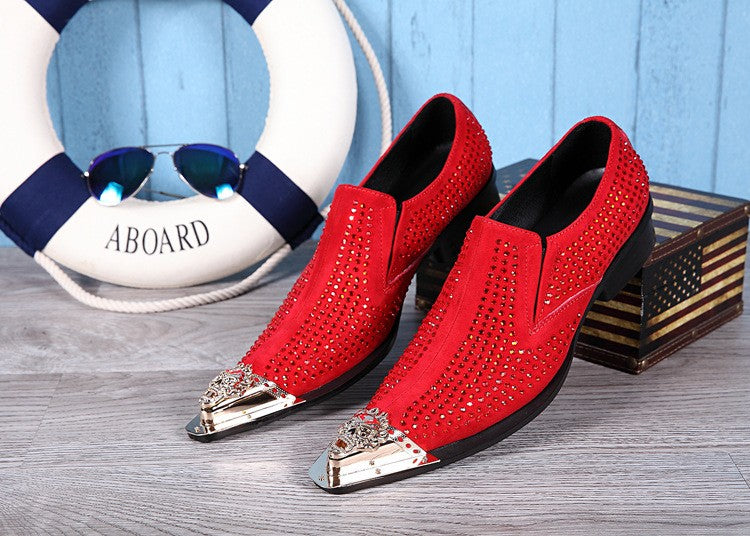 luxury mens shoes Stick diamond red  metal pointed party wedding Dress shoes man