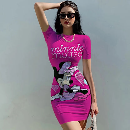 Women's Dress Casual Disney Cartoon Fashion Print Mickey 3XL Elegant Dresses for Women 2024 Top Sexy Slim Fit Minnie Mouse Tight