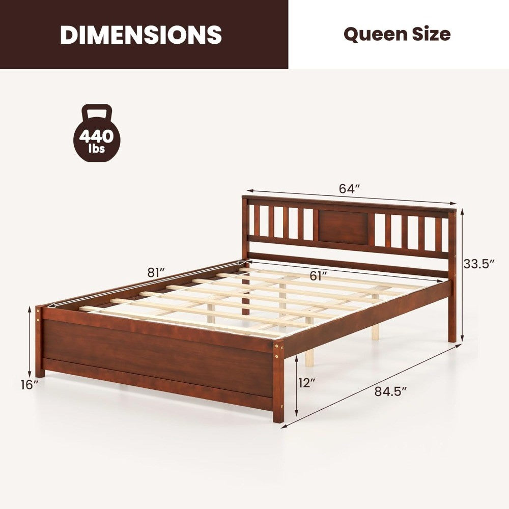 Estrutura de Cama Queen Size de Madeira Maciça, Estrutura de Cama Queen de Meio Século com Cabeceira, Suporte de Estrado de Madeira, Cama de Painel, Sem B