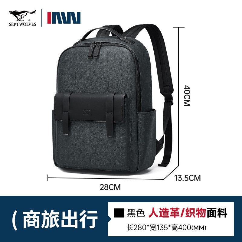 Septwolves Luxury Leather Backpack for Men Monogram Printed Stylish Laptop Backpack 15 Inch Travel Bag Black Business Backpack