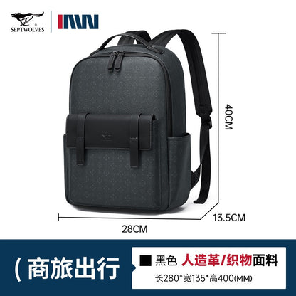 Septwolves Luxury Leather Backpack for Men Monogram Printed Stylish Laptop Backpack 15 Inch Travel Bag Black Business Backpack