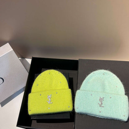 Rhinestone Decor Rabbit Fur Knitted Hat Warm Ear Flap Beanie for Women Luxury Soft Slouchy Cap Face Slimming Design