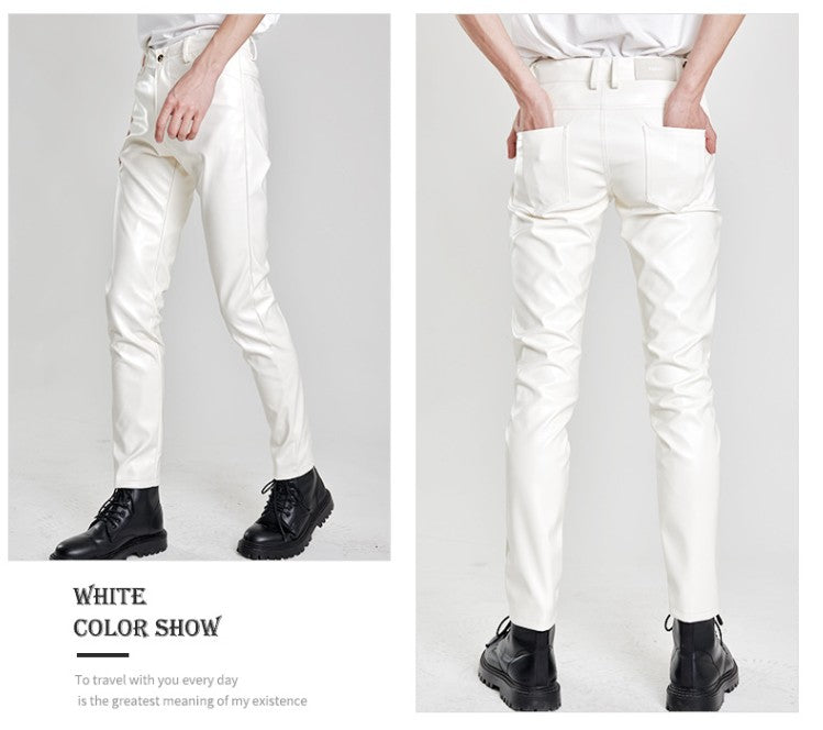 New Men Solid Color Slim Fit Faux Leather Pants Green / White / Black Homme Bar KTV High Street Biker Trousers