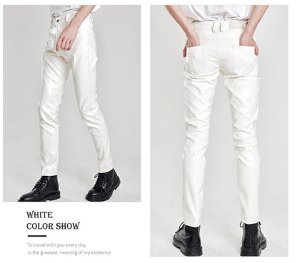 New Men Solid Color Slim Fit Faux Leather Pants Green / White / Black Homme Bar KTV High Street Biker Trousers