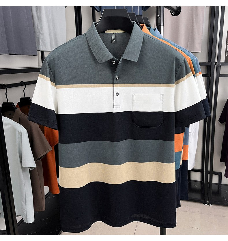 High-quality short sleeve polo shirt men fashion color striped pocket design summer new breathable trendy casual lapel T-shirt