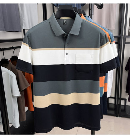 High-quality short sleeve polo shirt men fashion color striped pocket design summer new breathable trendy casual lapel T-shirt