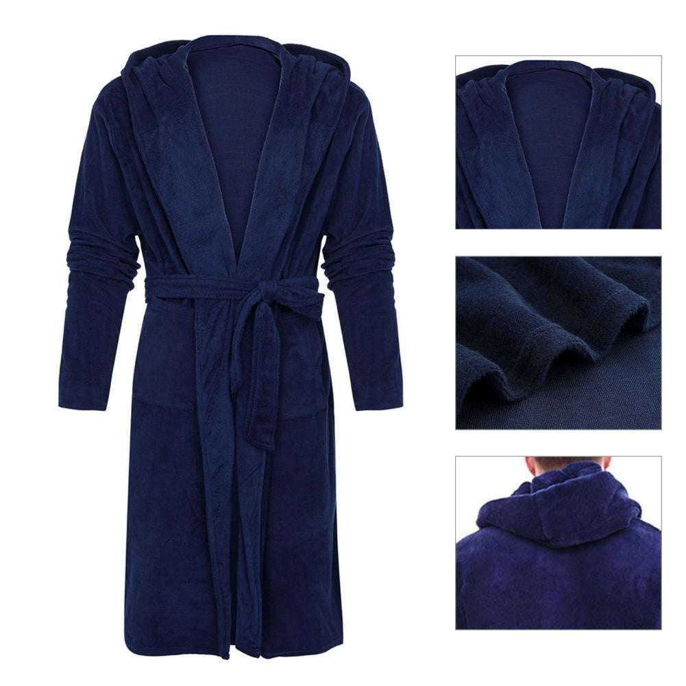 Belt Flannel Bath Robe for Men Hooded Pockets Warm Men Nightgown Men Plush Bathrobe Sleepwear Home Clothes Loose Pajamas Robe