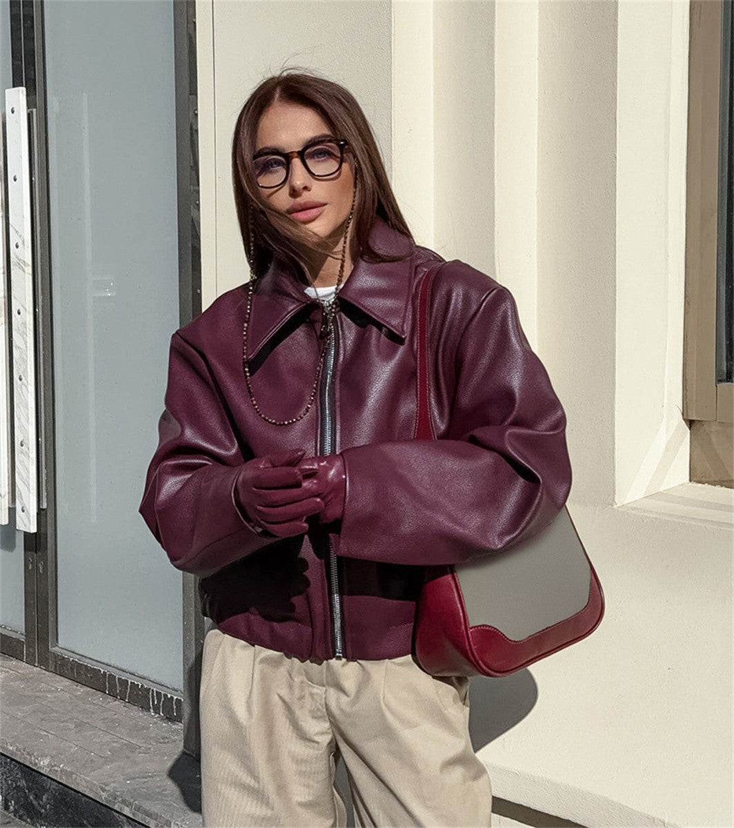 Jaqueta Feminina de Couro Sintético Vermelho Vinho Vintage, Casaco Moderno com Zíper e Lapela, Casacos de Outono Inverno, Blusas Curtas Femininas Estilo Streetwear
