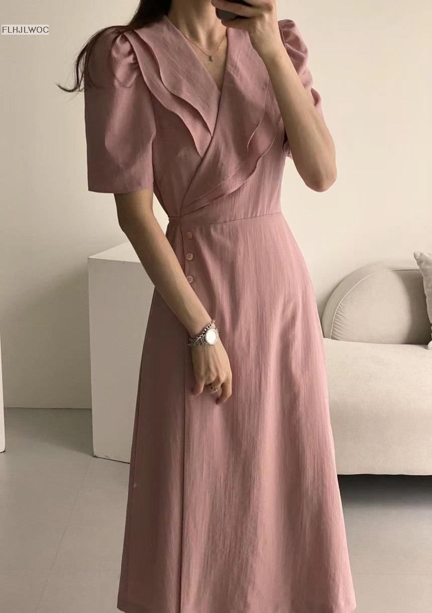 South Korea Chic Midi Dress Women Summer Japan Style Retro Vintage Design Ruffle