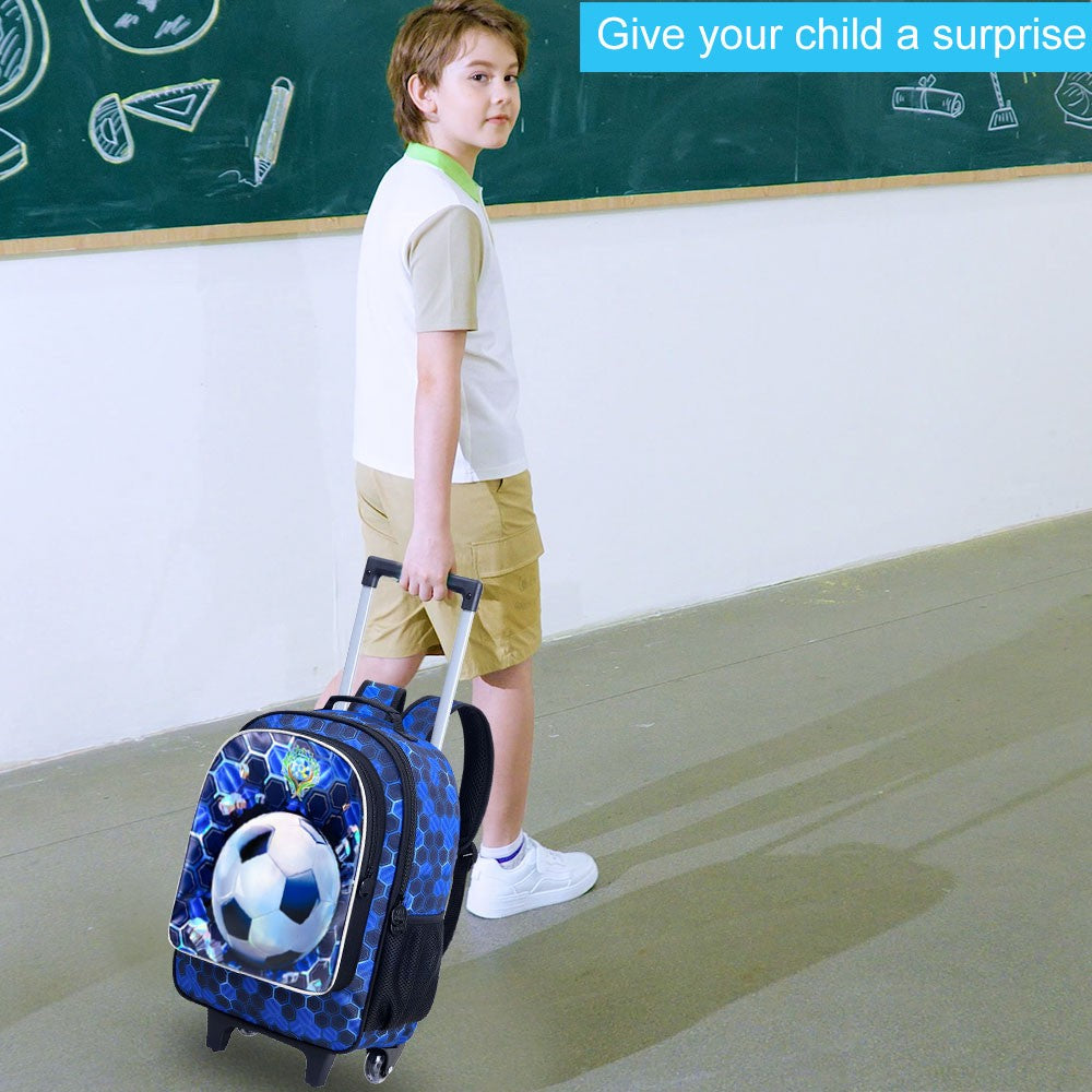 Mochila de Rodinhas 3 Peças para Meninos, Mochila Escolar com Rodinhas de Futebol com Lancheira, Mochilas de Rodinhas de Futebol para Adolescentes Meninos Ensino Fundamental