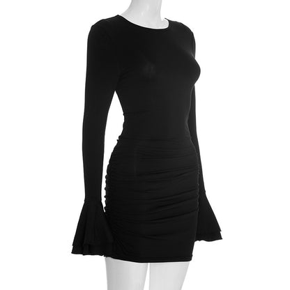 Women Flared-Sleeve Bodycon Pleated Dresses Fashion O-Neck Solid High-Waisted Slim Party Dress Evening Female Mini Dress 2025