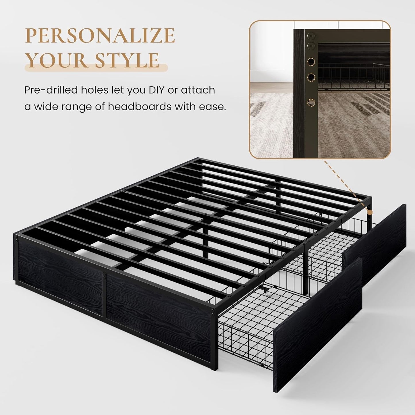 Cama Queen com Estrutura, 2 Gavetas Grandes de Armazenamento, Silenciosa, Fácil de Montar, Não Precisa de Box Spring, Cama com Armazenamento