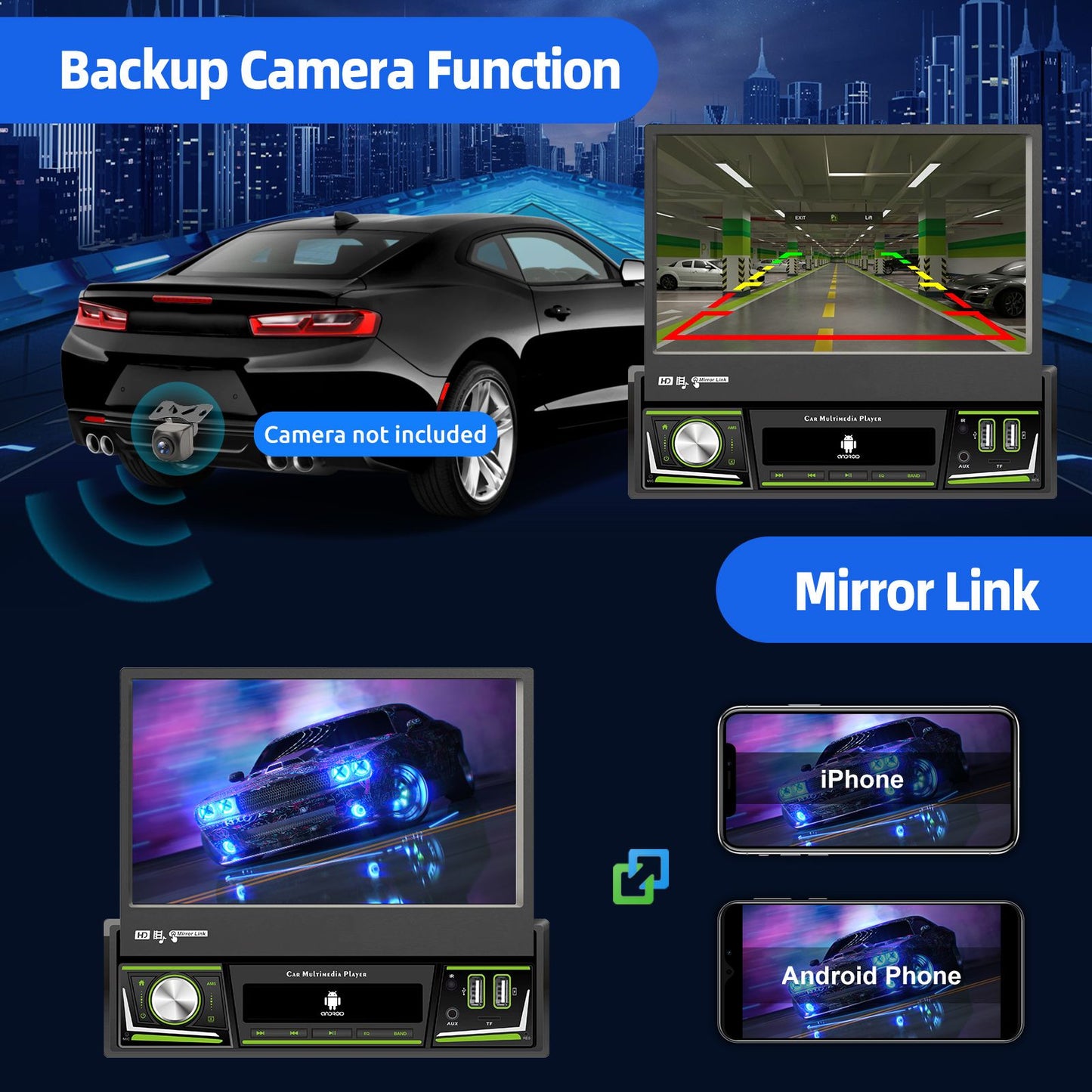 ESSGOO 1 DIN 7 Polegadas Flip Out Tela Touchscreen 4+64G Android 14 Rádio Estéreo Automotivo Apple Carplay GPS Navi Wifi FM RDS Bluetooth USB EQ