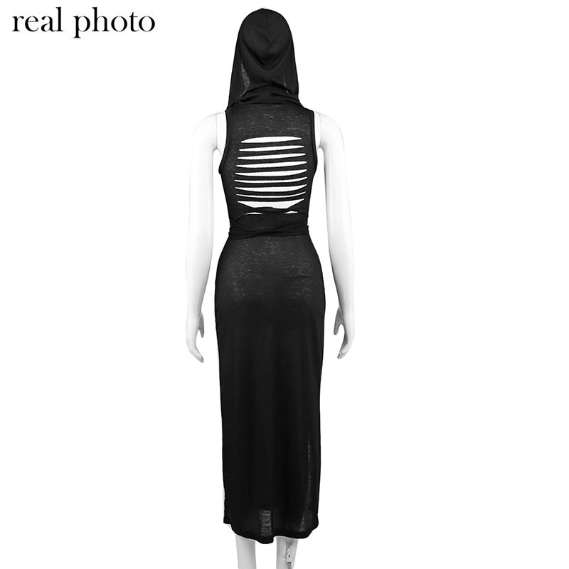 Goth Dark Cyber Gothic Desert Walker Hooded Dresses Y2k Punk Grunge Hollow Out M