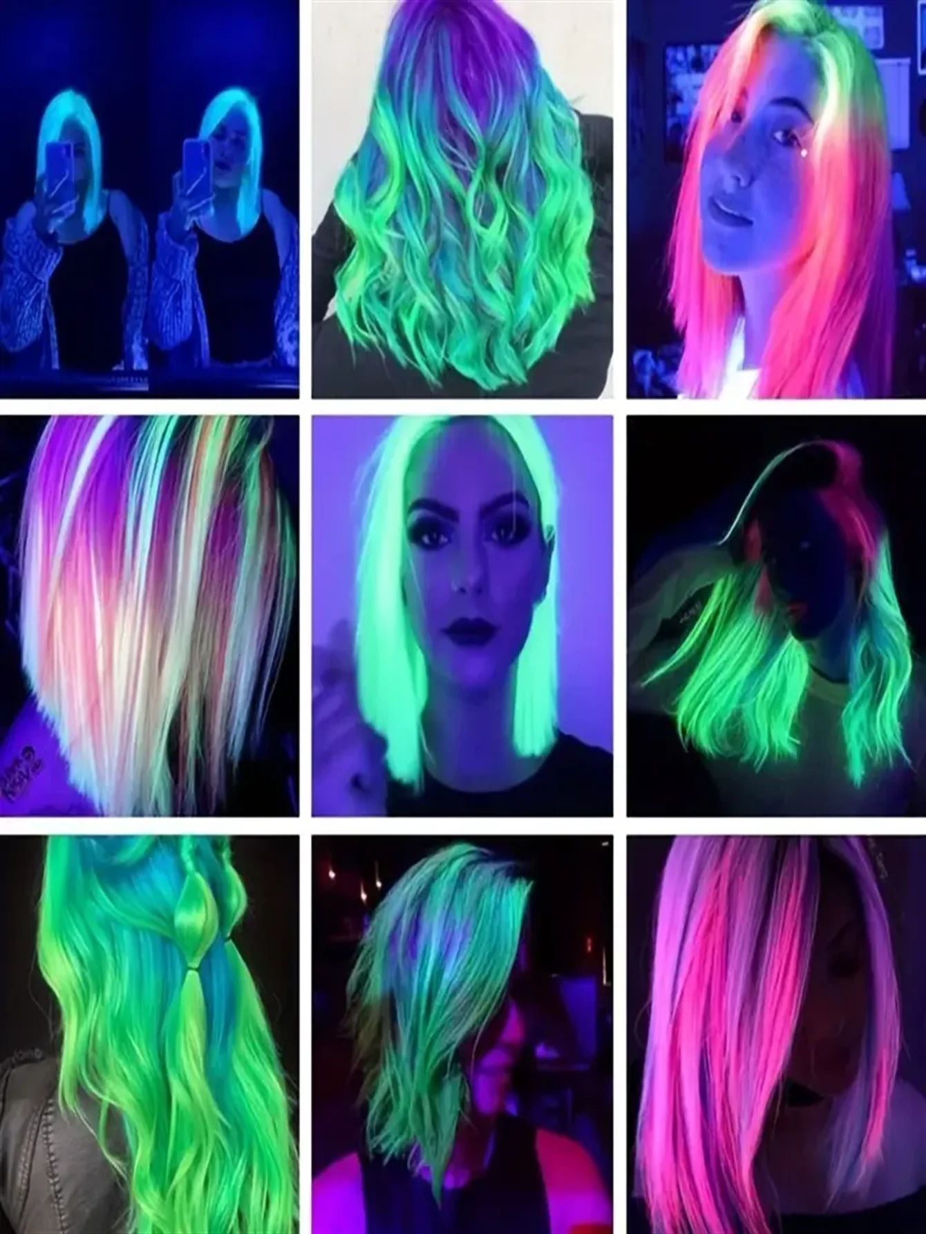 Extensões de Cabelo Presilha Luminosas Neon, 9 peças, para Festas, Festivais, Natal, que Brilham no Escuro, Acessórios de Cabelo Sintéticos para Mulheres