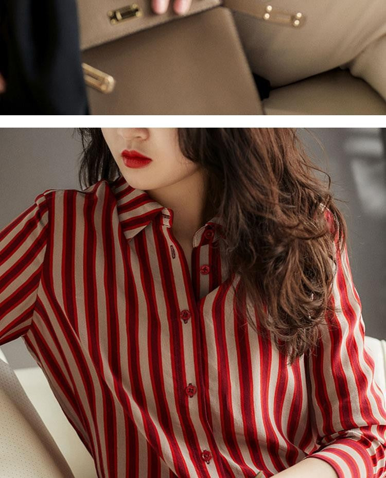 French Style Fashion Spring Shirts New Women's Polo-Neck Striped Single Breasted Simplicity Versatile Loose Long Sleeve Tops