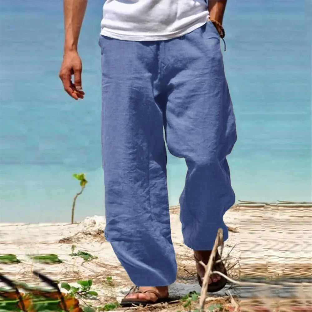 Calças Masculinas de Linho e Algodão Perna Reta Respiráveis Leves Estilo Praia Confortáveis Calças Casuais Primavera Verão