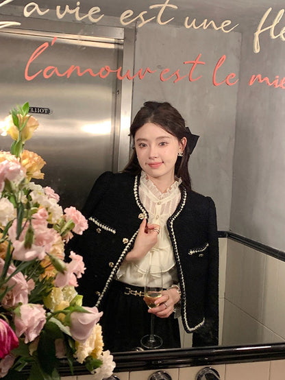 Vintage Cropped Tweed Jackets Women Elegant Black Thicken Coat Korean Single Breasted Blazer Casual Warm Short Outerwear Tops